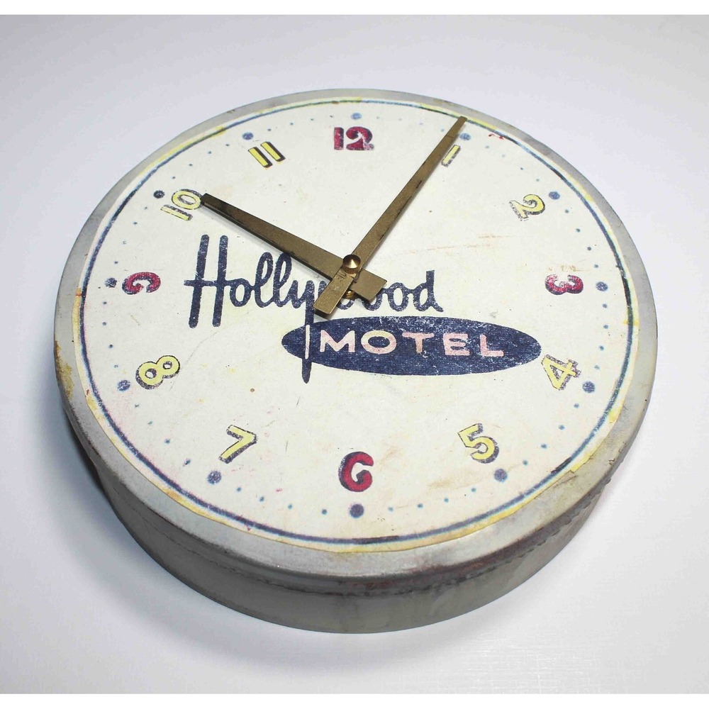 Vntg Hollywood Motel Print Face 8" Diameter Wall Clock Working Quartz Movement